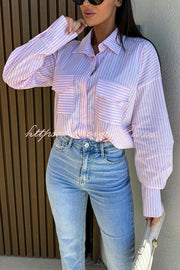 Stripe Print Lapel Long Sleeve Pocket Casual Shirt
