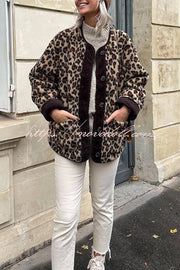 Warm Feel Colorblock Leopard Print Plush Button Up Pocketed Teddy Jacket