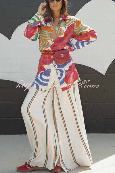 Ellah Satin Rainbow Stripe Print Drawstring Elastic Waist Pocket Wide Leg Pants