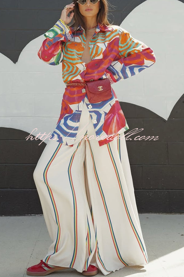 Ellah Satin Rainbow Stripe Print Drawstring Elastic Waist Pocket Wide Leg Pants