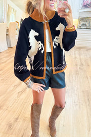 Stylish White Horse Pattern Casual Long-sleeved Knitted Cardigan