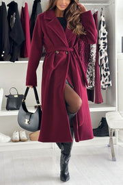 Solid Color Lapel Long Sleeve Waist Tie Long Coat