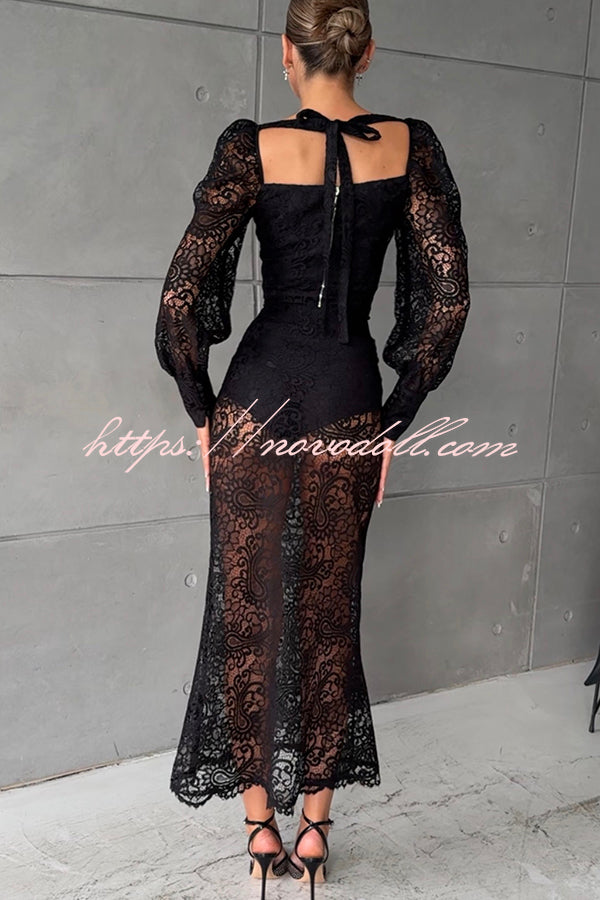 Timeless Moment Floral Lace Square Neck Button Up Balloon Sleeve Top