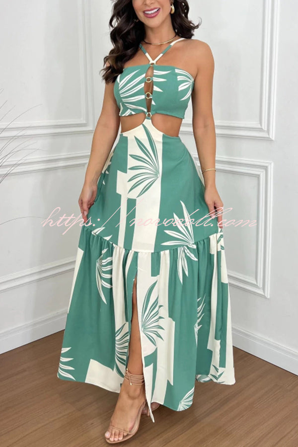 Farrier Printed Front Hollow Ring Design Cutout Slit Maxi Dress