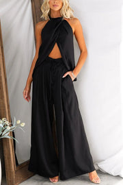 Gette Linen Blend Slit Front Top and High Rise Knoted Pocket Wide Leg Pants Set