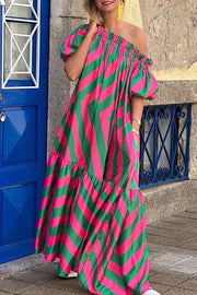 Exquisite Striped Patchwork Bell Sleeve Pocket Maxi Dress