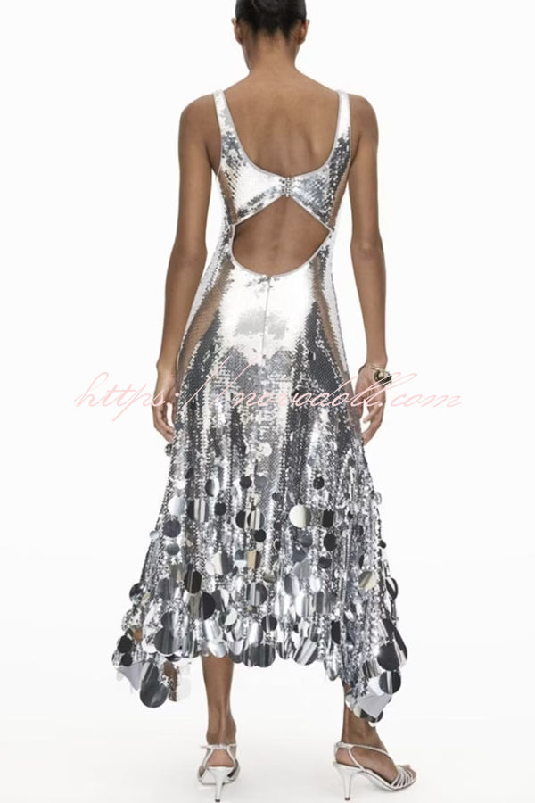 Party Tips Sequin Irregular Round Tassels Hem Back Cutout Tank Maxi Dress