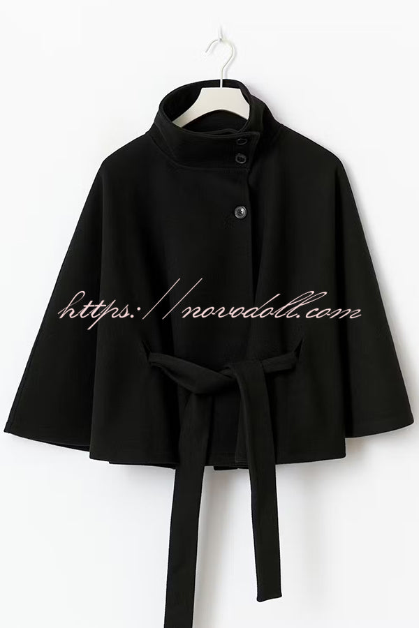 Fashionable Stand Collar Button Waist Tie Loose Cape