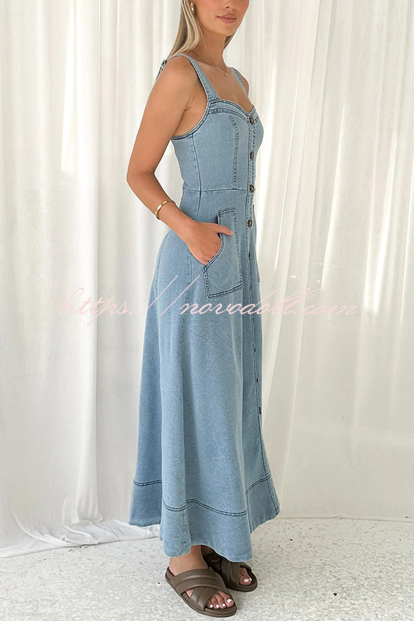 Solid Color Suspender Pocket Button Slim Denim Midi Dress