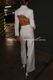 Chic Style Long Sleeve Open Back Blouse and Pocketed Straight Leg Loose Pants Set