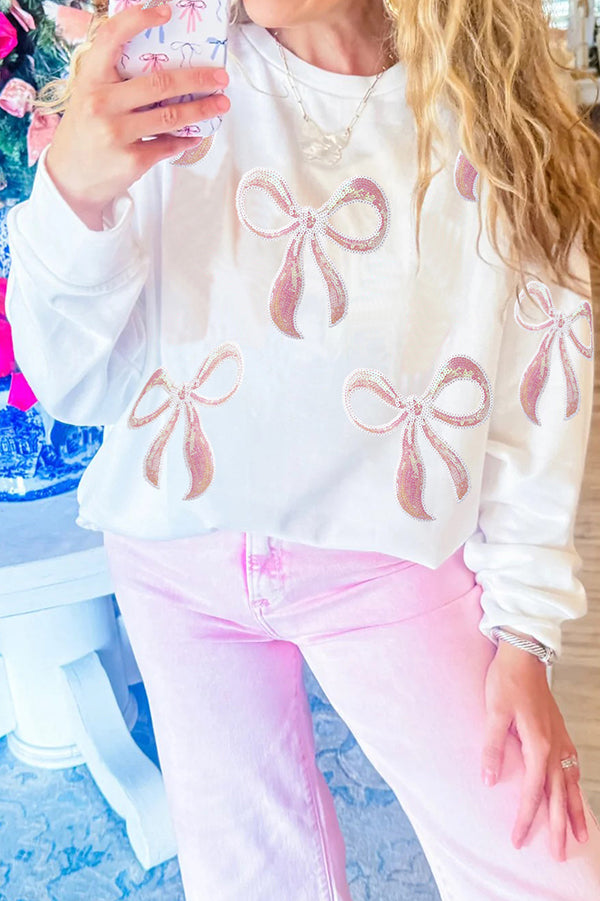 Christmas Pink Bow Sequin Loose Casual Long Sleeve Sweatshirt