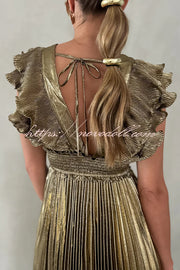 Party Season Metallic Fabric Pleated Smocked Waist Ruffles Sleeve Maxi Dress