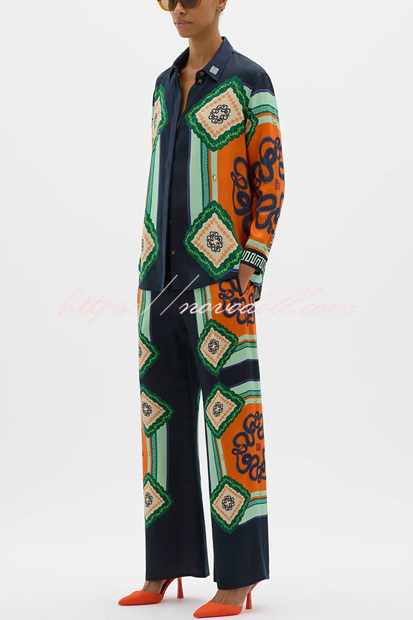 Vacation Times Satin Unique Print Elastic Waist Pocketed Wide Leg Pants