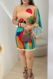 Unique Printed One Sleeve Fringe Fitted Mini Dress