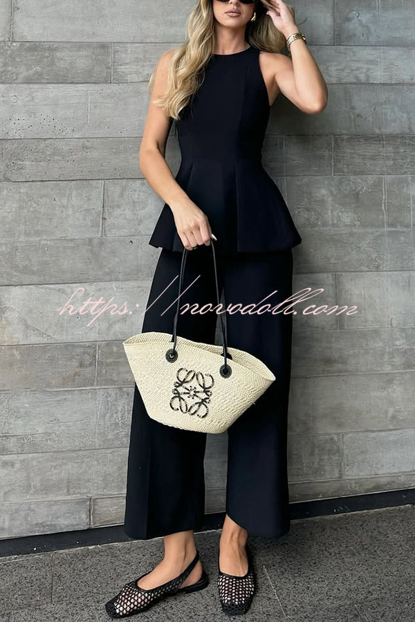 Solid Color Round Neck Sleeveless Casual Top and Loose Straight Pants Set