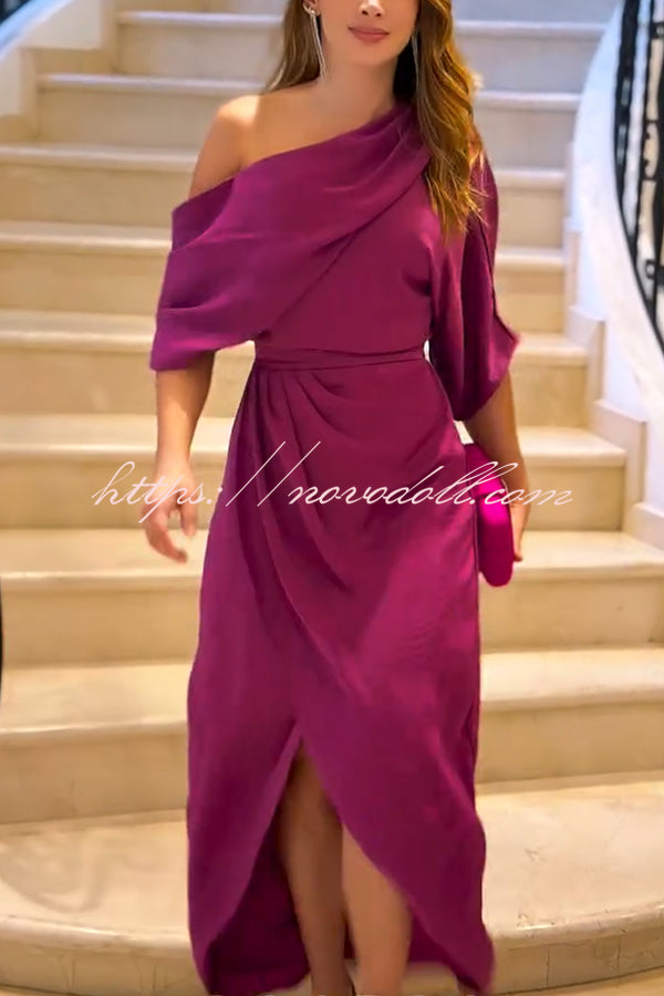 Whispered Yes Satin Irregular Lapel Neckline Design Ruched Maxi Dress