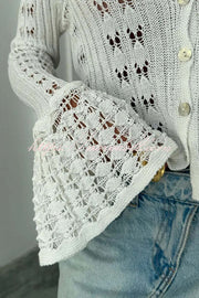 Fashion Hollow Button Long Sleeve V-neck Knitted Cardigan