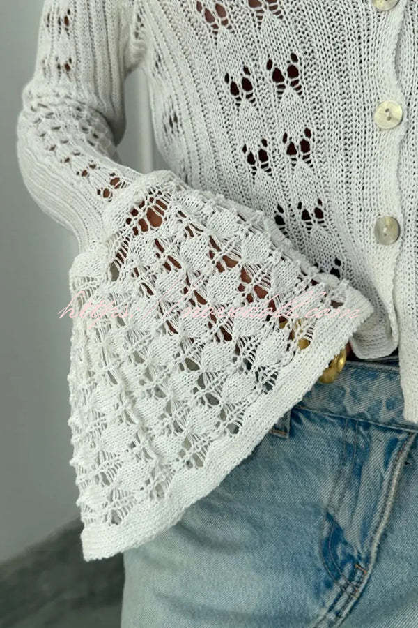 Fashion Hollow Button Long Sleeve V-neck Knitted Cardigan