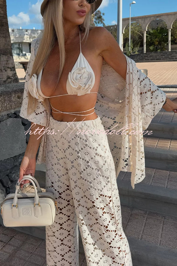 Holiday Crochet Flowers Lace Short Sleeve Shirt and Elastic Waist Wide Leg Pants Set
