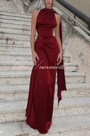 Solid Color Satin Elegant Sleeveless Waist Maxi Dress