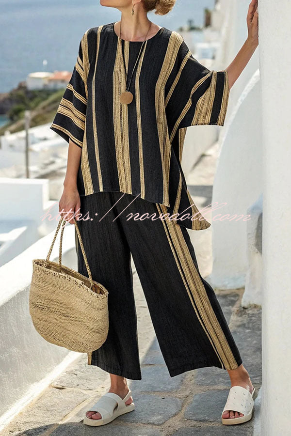 Linen Blend Unique Print Half Sleeve Top and Elastic Waist Pocket Loose Pants Set