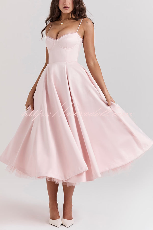 Fairytale Vibe Satin Patchwork Tulle Sweetheart Neck Pocket Stretch Midi Dress