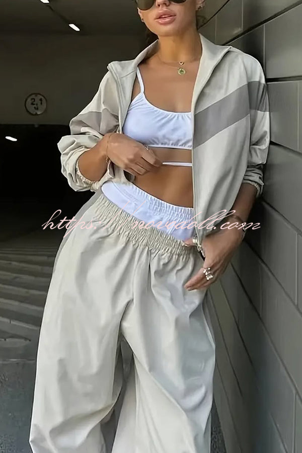 Fashionable Contrasting Long-sleeved Loose Coat and Elastic Waist Wide-leg Pants Set