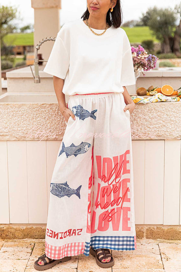 Unique Printed Elastic Waist Pocket Vacation Casual Wide Leg Pants