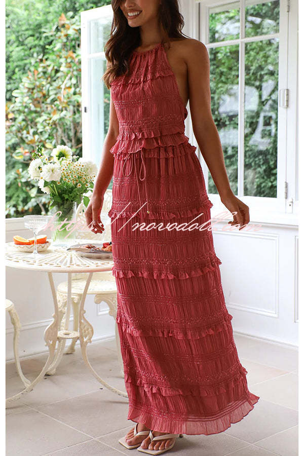 Feel Chic and Romantic Sequin Textured Material Back Elastic Halter Tie Tank and Drawstring Waist Tiered Maxi Skirt Set