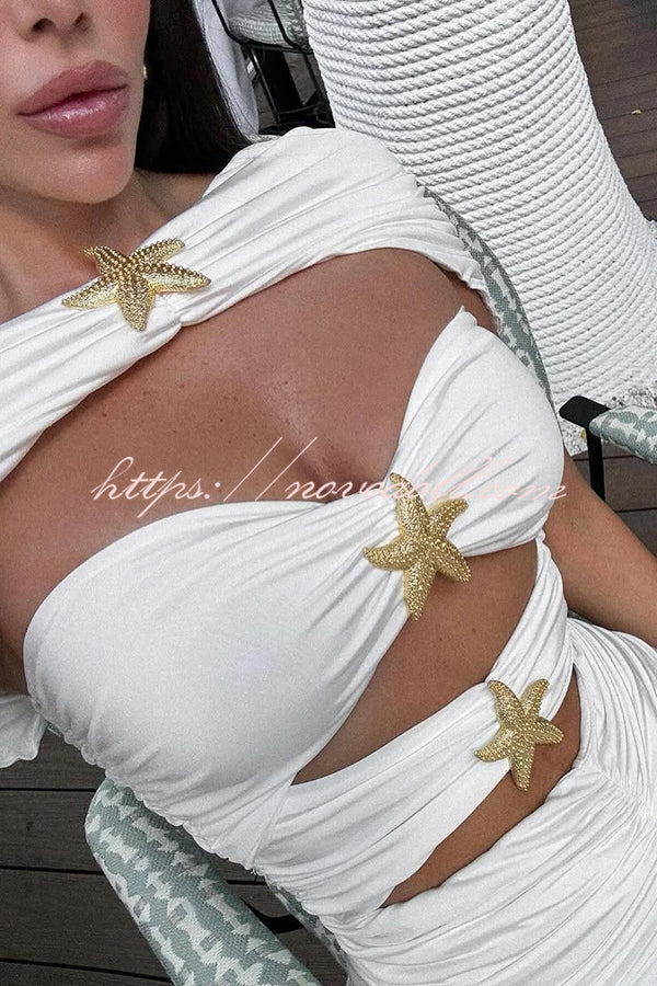 Solid Starfish Decoration Shawl and Cutout Stretch One-Piece Swimsuit