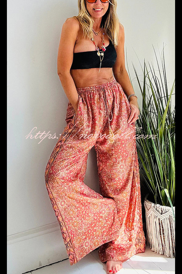 Vintage Boho Ethnic Print High Rise Elastic Drawstring Waist Pocketed Loose Pants