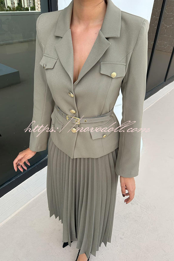 Solid Color Lapel Button Belt Blazer and Pleated Casual Maxi Skirt Set