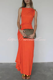 Fashionable Metallic Embellishments Pleated Sleeveless Slim-fit Maxi Dress