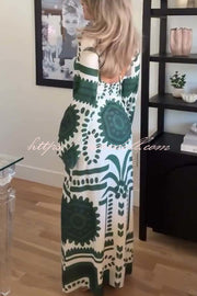 Holiday Fashion Unique Print Front Center Hollow Ring Long Sleeve Maxi Dress