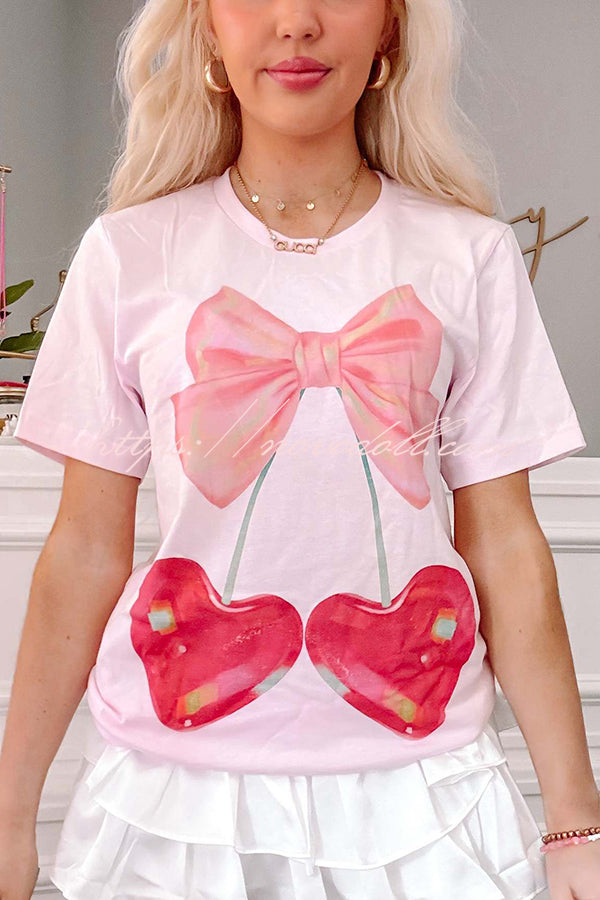 Cherry Bow Print Loose Casual Short Sleeve T-shirt