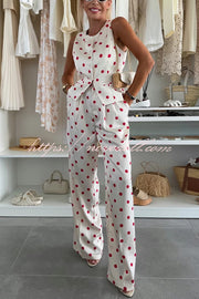 Koreen Polka Dot Round Neck Button Vest and High Rise Pocket Straight Pants Set