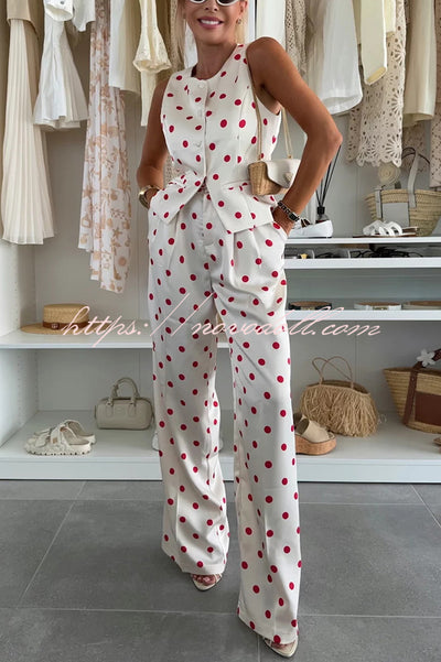 Koreen Polka Dot Round Neck Button Vest and High Rise Pocket Straight Pants Set