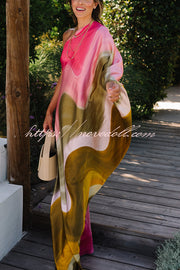 Summertime Favorites Satin Tie Dye Print One Shoulder Drape Vacation Maxi Dress