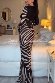 City Night Chiffon Colorblock Animal Print Tie-up Long Sleeve Maxi Dress