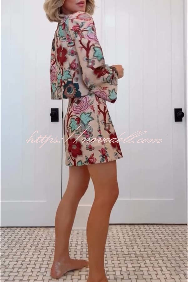 Autumn Garden Printed V-neck Long Bell Sleeve Top and Mid Rise Skirt Set