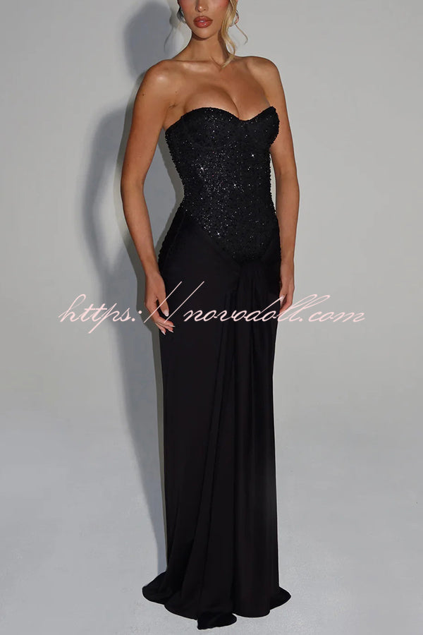 Carina Sequined and Satin Jersey Off Shoulder Ruched Knot Drape Maxi Dress