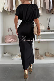 Satin Solid Color V-neck Cross Knot Slim Maxi Dress