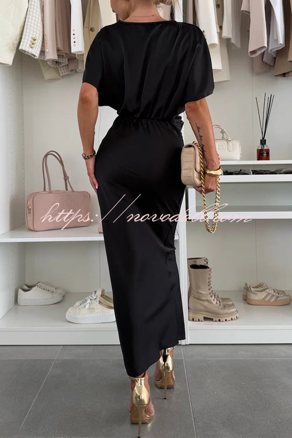 Satin Solid Color V-neck Cross Knot Slim Maxi Dress