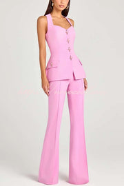 Women Power Metal Cross Snap Button Sweetheart Neck Wide Strap Vest