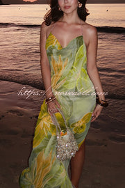 Floral Print Sexy Backless Slit See-Through Holiday Maxi Dress