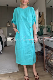 Ultra-comfortable Linen Blend Half Sleeve Front Button Detail Relaxed Pocket Midi Dress