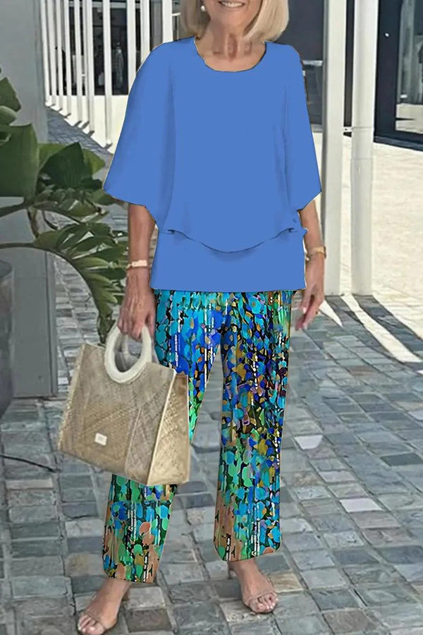 Fashion Round Neck Half Sleeve Loose Top and Elastic Waist Casual Straight Pants Set
