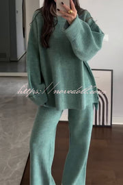 Solid Color Loose Long-sleeved Knit Top and Elastic Waist Casual Straight Leg Pants Set