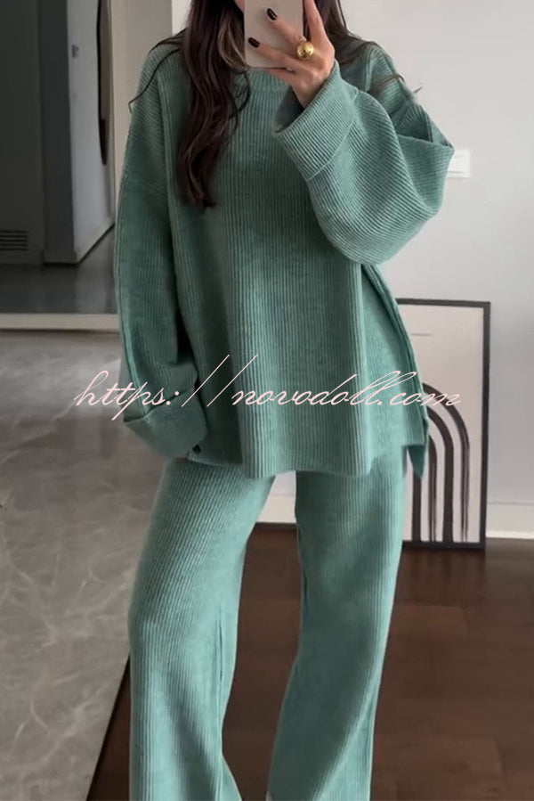 Solid Color Loose Long-sleeved Knit Top and Elastic Waist Casual Straight Leg Pants Set