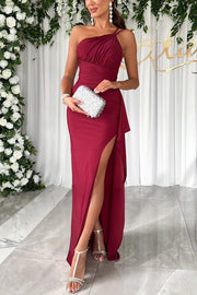 Party Love One Shoulder Ruched Waist Ruffle Slit Maxi Dress